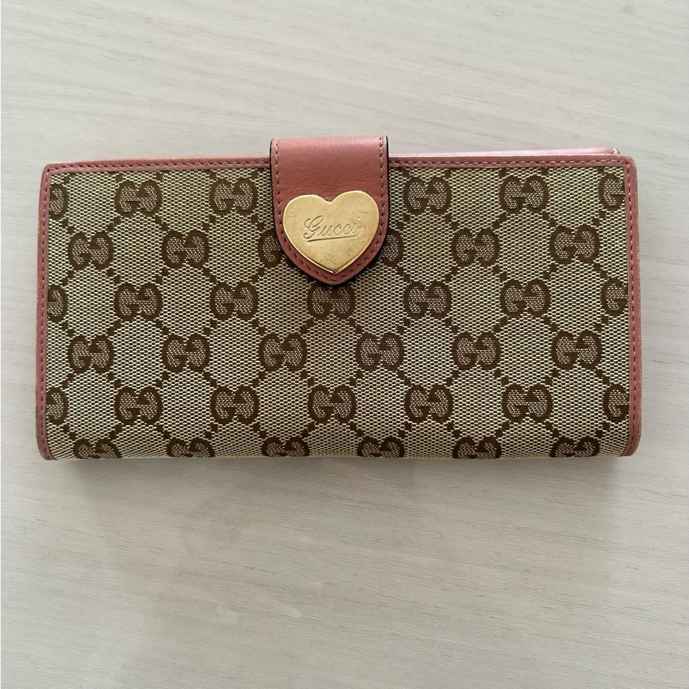 Authentic Gucci Monogram Canvas & Leather Gold Heart Clasp long Wallet